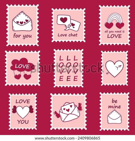 Stamps and postcards for lovers for letters, greetings and gifts. Pink cute stamps with hearts, letters and the word love for couples