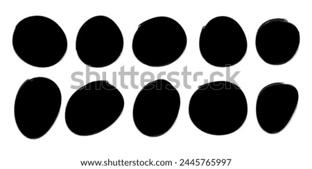 Set of abstract shaped stickers for unique modern designs. 10 abstract flowing shapes on white background. Black round stickers for adding text, creating patterns, design and printing.