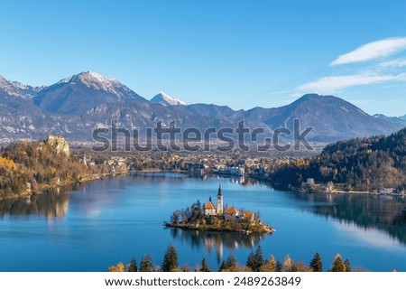 Similar – Image, Stock Photo Lake Bled and island with church and castle on the rock in the background in summer, Slovenia, Europe