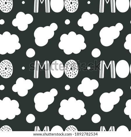 Vector seamless pattern with cute cow skin, moo, black and white