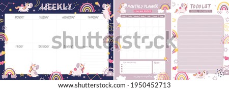 Set of weekly planner, monthly planner and todo list with Unicorn and Rainbow