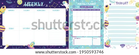 Space set of weekly planner, monthly planner and todo list with with planets, astronaut, rocket, moon, constellations, stars, alien 