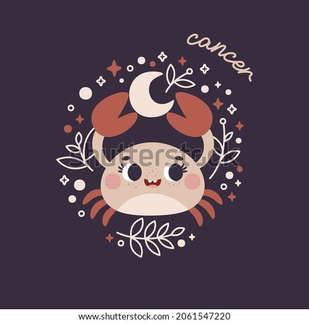 Baby Zodiac Sign Cancer with leaves, branches, moon, rain, stars. Cute vector astrology character