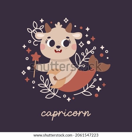 Baby Zodiac Sign Capricorn with leaves, branches, moon, rain, stars. Cute vector astrology character