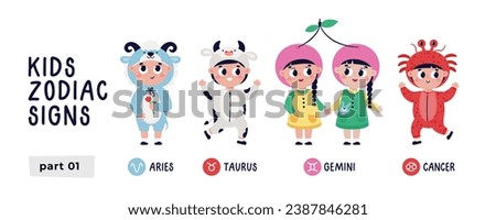 Colorful vector set with zodiac signs. Part 1. Astrological horoscope vector symbol for kids. Aries, Taurus, Gemini, Cancer