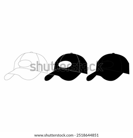 three baseball cap sketches arranged horizontally. From left to right, the first cover is a line without filling, the second cover is filled with black but there is an oval cutout on the front panel