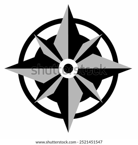 A black and gray image of an eight-pointed star resembling a compass rose, set in a circular frame. Sharp dots alternate between black and grey, gathered in a central circle, symbolizing direction 