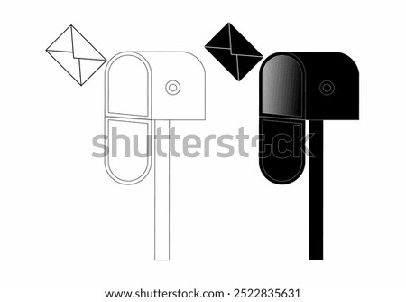 two minimalist mailbox designs, one black and one white, each with an envelope on top. The shape is geometric with smooth, rounded edges.