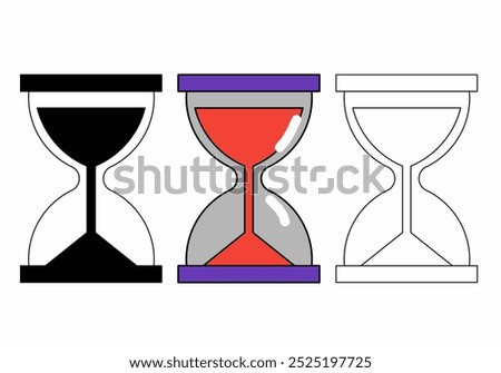 Silhouettes of three hourglasses, drawn with thick brown lines and sand and blue edges. The simple design shows sand flowing through it, creating a minimalist yet striking visual