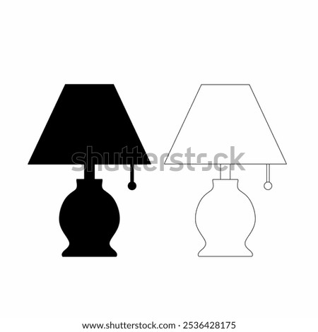 Silhouette of Classic Table Lamp with Pull Switch - Vector Illustration.Black and White Table Lamp Silhouette with Outline - Home Decor Icon. isolated on the white background