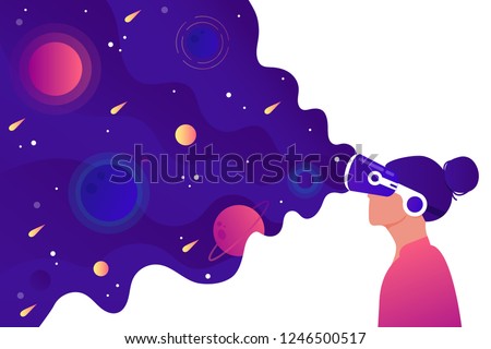 A girl with a VR headset sees space. The concept of virtual reality. Flat vector illustration. 商業照片 © 
