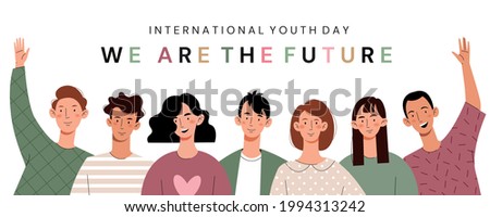 Happy youth day.Friendly team, cooperation, friendship.Card for International Youth Day Celebration.