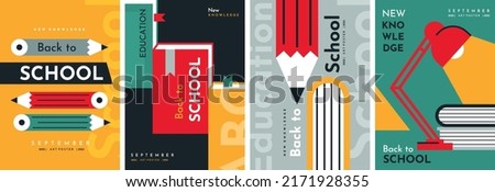 Set of illustration with study supplies. Pencils, books, table lamp. Back to School. Vector backgrounds for poster, banner, flyer, advertising.