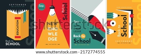 Educational posters. Back to School. Books, notebook, light bulb, fountain pen, pencils. Elements and objects on school themes, simple flat background.  Foto stock © 