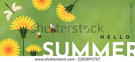 Banner hello summer with dandelions. Bright yellow dandelions, two bees and a dragonfly. Summer illustration for banner, poster or flyer.