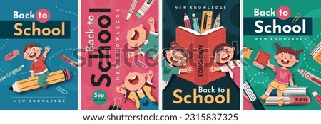 Back to School. School posters with happy children. Elements and objects on school themes, vertical flat background.
