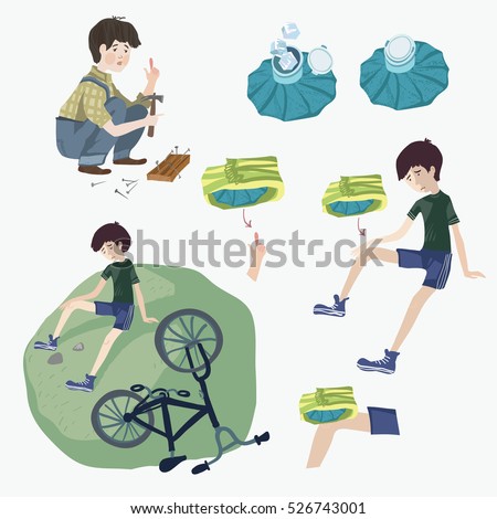 Set of vector illustrations. The boy fell off the bike and hit his knee. Boy hit with a hammer on a finger. Nails and hammer. Injuries, bruises. Medical ice pack. Instructions for use.