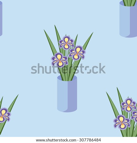 Vector seamless pattern with bouquets of iris flowers in blue vase on the green background. Vintage texture. Light botanical backdrop.