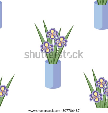 Vector seamless pattern with bouquets of iris flowers in blue vase on the white background. Vintage texture. Light backdrop.