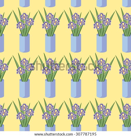 Vector seamless pattern with bouquets of iris flowers in blue vase on the soft yellow background. Vintage texture. Light botanical backdrop.