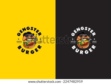 Logo template burger gangster, vintage burger gangster logo with illustration character design. Suitable for design T-Shirt and printing, bags, etc. Vector logo design. Vector character design 