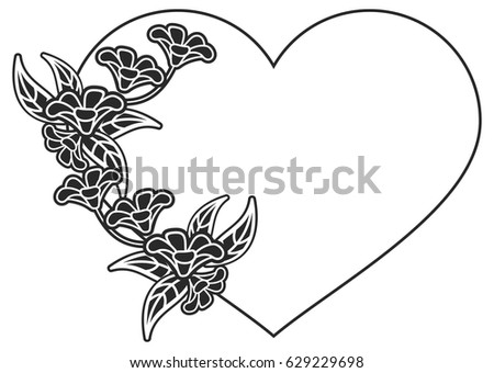 Heart Shaped Black And White Frame With Floral Silhouettes Copy Space Vector Clip