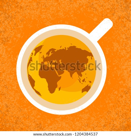 International Tea Day. Agricultural holiday concept. Cup of tea, top view. Continents silhouettes. Grunge background