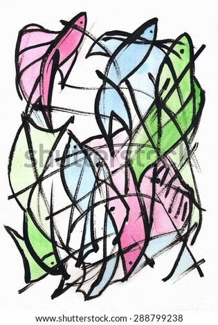 Fish Abstract - abstraction drawing ink and watercolor