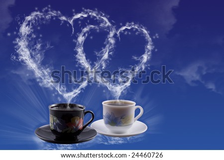 White and black cups Heart created by a smoke