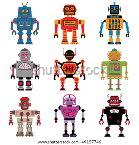 Nine Different Vector Retro Cute Little Robots - 49157746 : Shutterstock