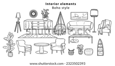 Hand drawn in doodle style, Scandinavian furniture Interior elements Boho style. Cozy home environment for the living room. Vector illustration