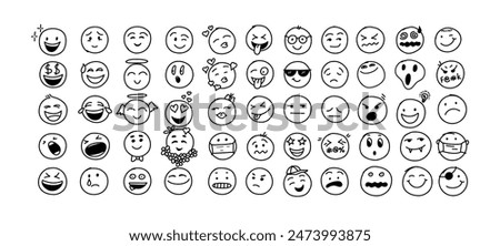 Round emoticons with doodle emotions, linear style. Vector illustration