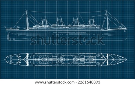 British transatlantic steamer. The largest passenger ship in world history in 1912-1913. On her maiden voyage, she sank in the North Atlantic after colliding with an iceberg. Blueprint.
