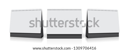 three identical white empty desk calendars from different sides mock up vector