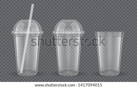 Empty transparent plastic cups with straw on dark background vector mock up