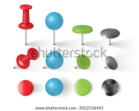 different types of push pins, thumbtacks isolated on white background vector 