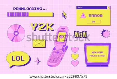 y2k trendy set of objects, old computer interface, retro pc elements, 1990s 2000s style, flip phone, cd disk, old television, pixel heart, nostalgia, vector illustration