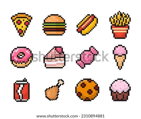 fast food pixel art set of icons, vintage, 8 bit, 80s, 90s games, computer arcade game items, cookie, ice cream, candy, vector illustration