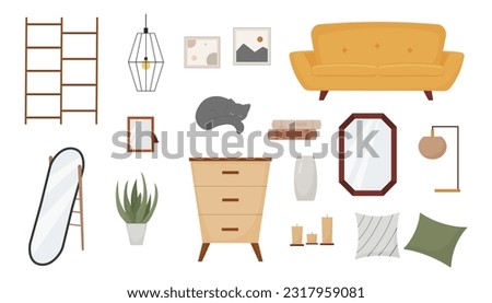 set of furniture and decor elements, interior item collection, sofa, plant, dresser, books, vase, lamp, mirror, pillow, vector modern illustration