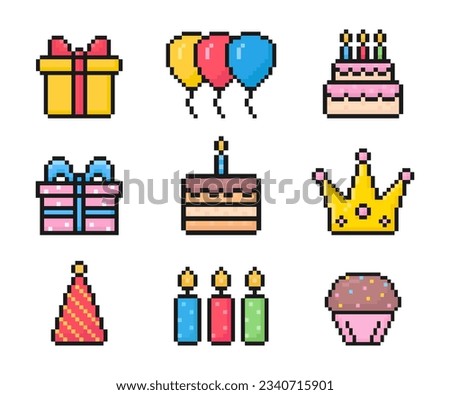 birthday pixel icons, celebration, 8 bit, 80s 90s old arcade game style, icons for game or mobile app, cake, crown, balloons, candle, gift, cupcake, vector illustration