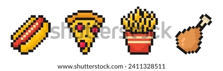 fast food icons collection, pixel art set, 8 bit, old arcade game style, hot dog, slice of pizza, french fries, chicken leg, vector illustration