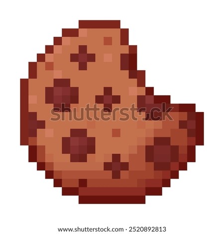 cookie pixel art, chocolate chip cookie, biscuit, 90s, 80s, old arcade game style item, icon for game, mobile app, 8 bit, vector illustration