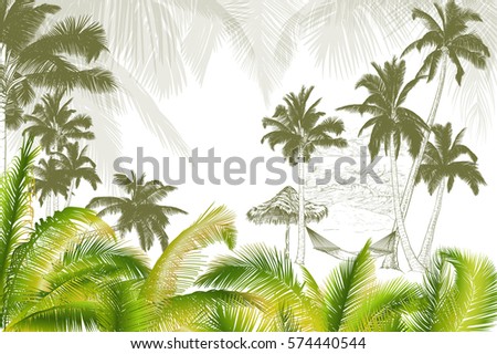 Vector illustration on a graphic tablet. Hand drawing.Palm trees with hammock, against the background of the ocean.