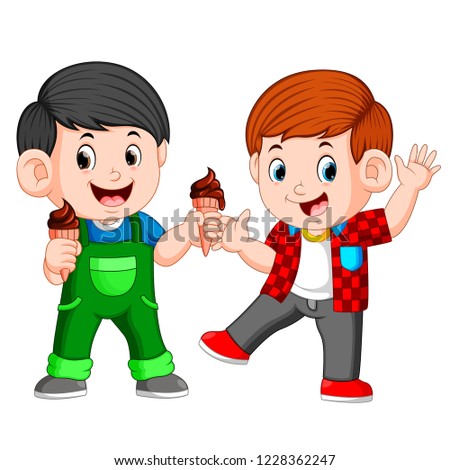 Vector illustration of Two boy eating chocolate ice cream in waffles cone