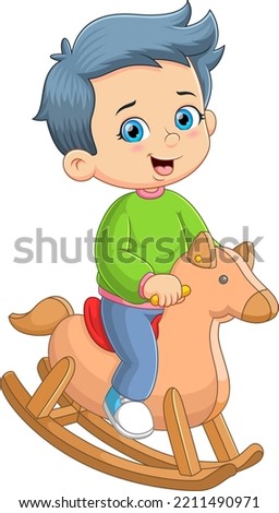 The little boy is playing the wooden horses and sitting on the saddle of illustration