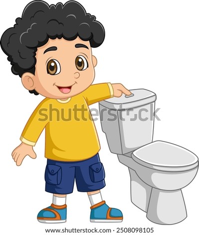 Cartoon little boy pushing flush button in toilet of illustration