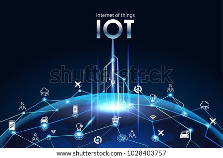 Internet of things (IOT), devices and connectivity concepts on a network, cloud at center. digital circuit board above the planet Earth.