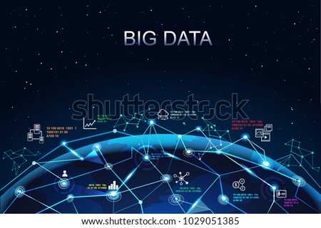 Big data network concept. illustration showing data connectivity aroud the world devices and information, distribution, Binary code, analytics, cloud computing, chart, server storage bigdata.