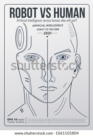 Robot vs human. AI artificial intelligence and human intelligence Concept business disruptive illustration. Vector outline design to poster.