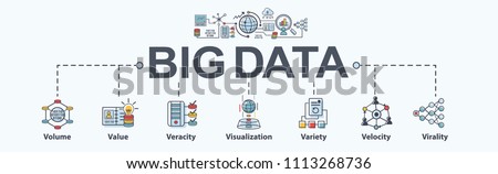 Big data banner web icon flat design, Volume, Value, Veracity, Visualization, Variety, Velocity, cloud computing and Virality. Minimal vector infographic.